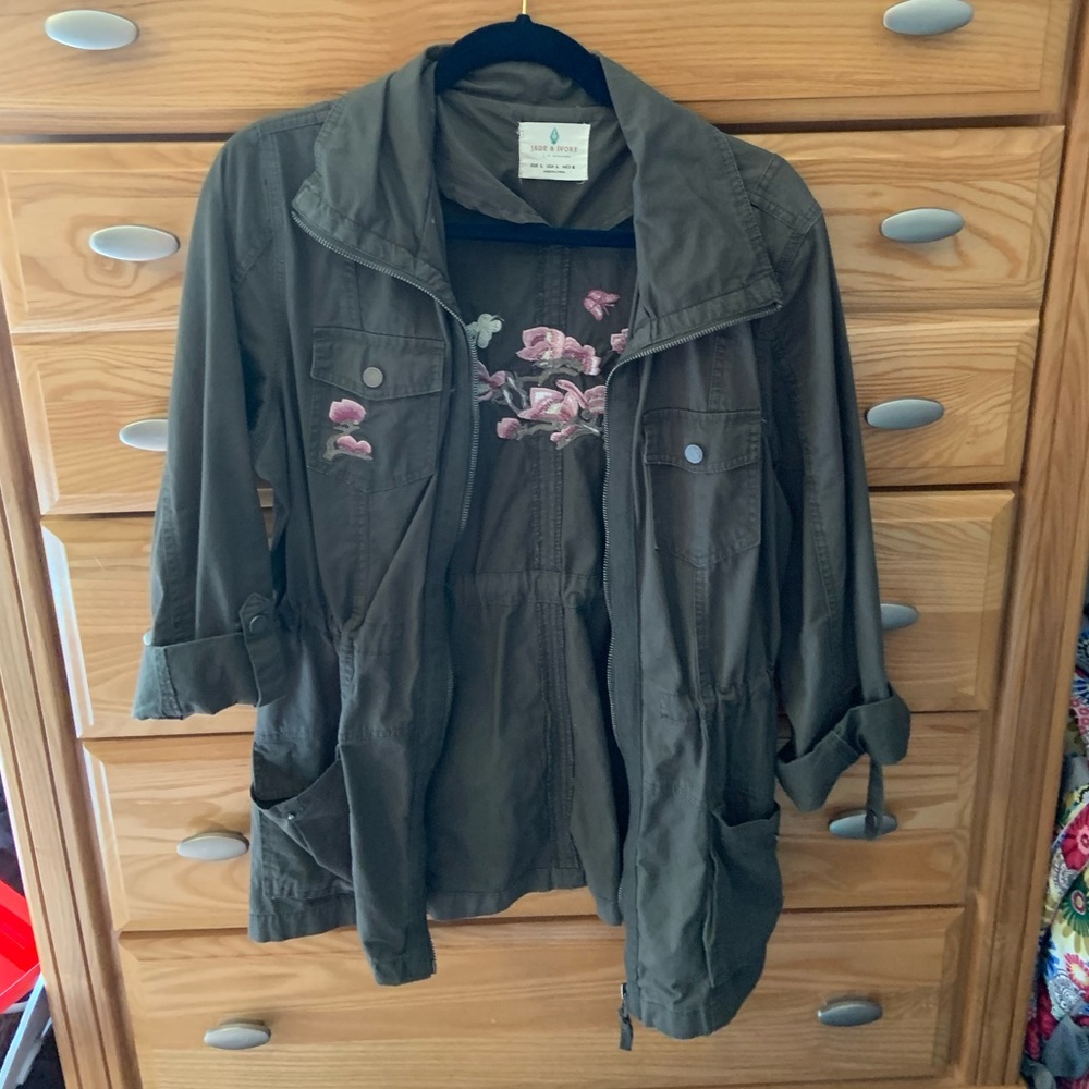 Army green utility jacket, flower detailing